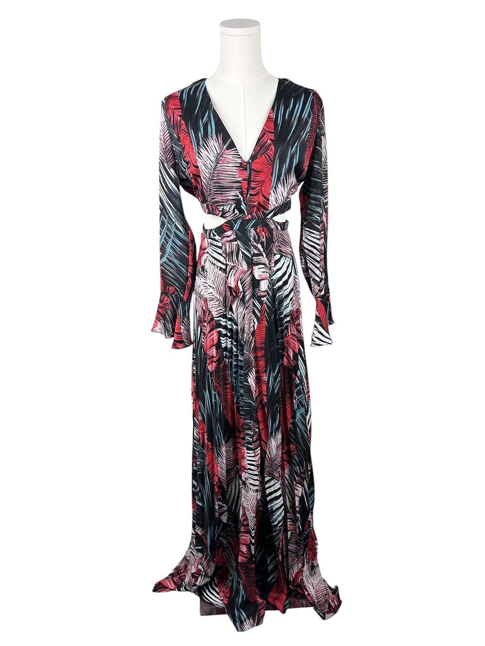Meghan LA Multi Colored Cut Out Side Long Sleeve Tropical Printed Maxi Dress L